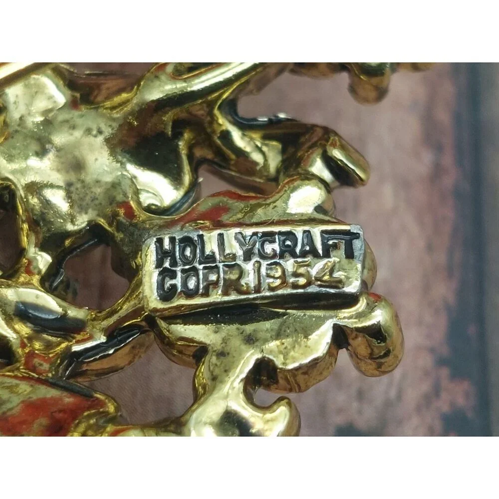 Vintage Hollycraft 1954 Mid Century Gold Rhinestones Brooch Pin Flower Bouquet